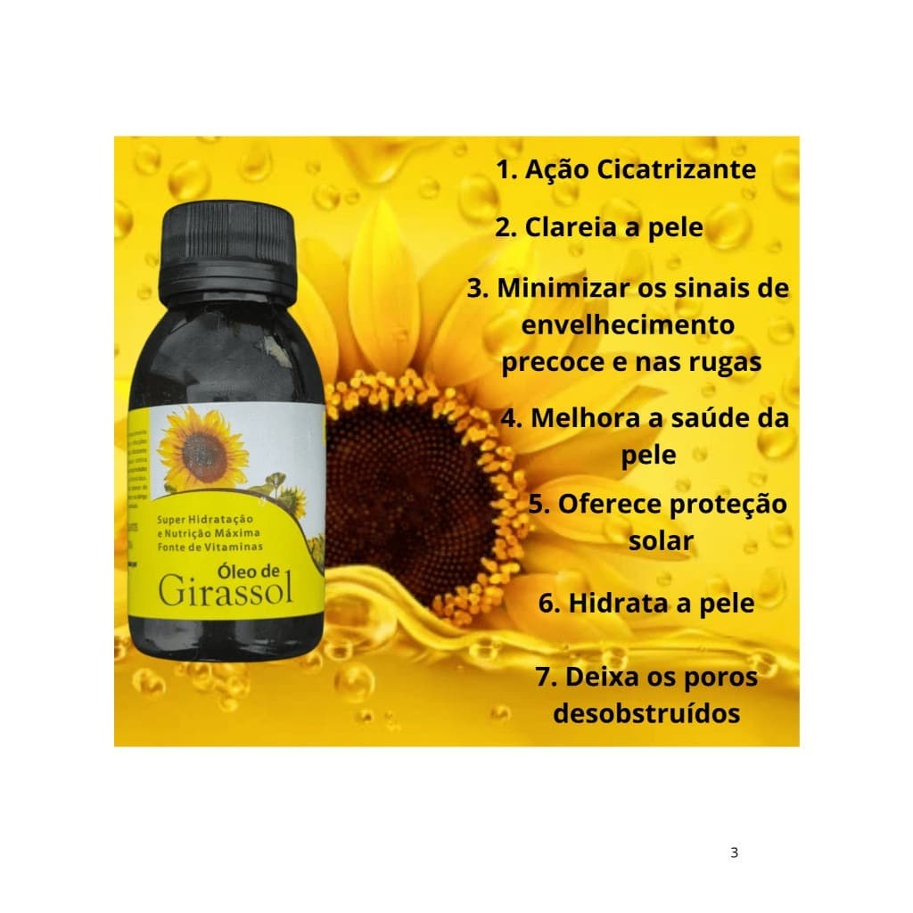 Óleo de Girassol  Ação Cicatrizante Regenerativa Super Hidratação proteção solar contra olheiras 60ml