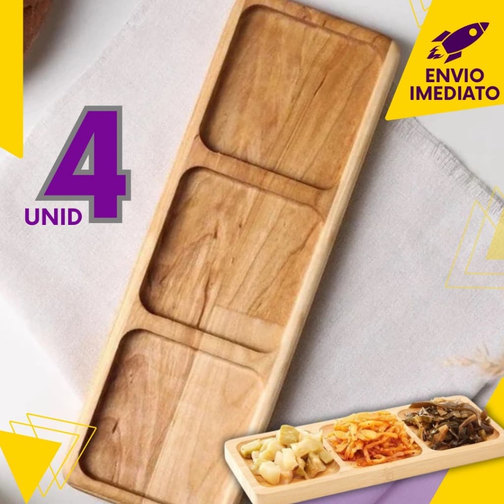 Petisqueira 100% Bambu Retangular C/3 Divisórias Queijo Fondi Frios Petiscos Patê Frutas Amendoim Dia Dos Namorados