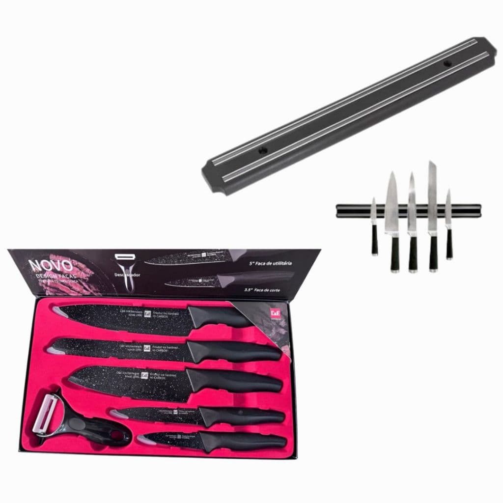 Kit Faqueiro 6 pçs + Suporte Barra Magnética Para Facas Cozinha Churrasco