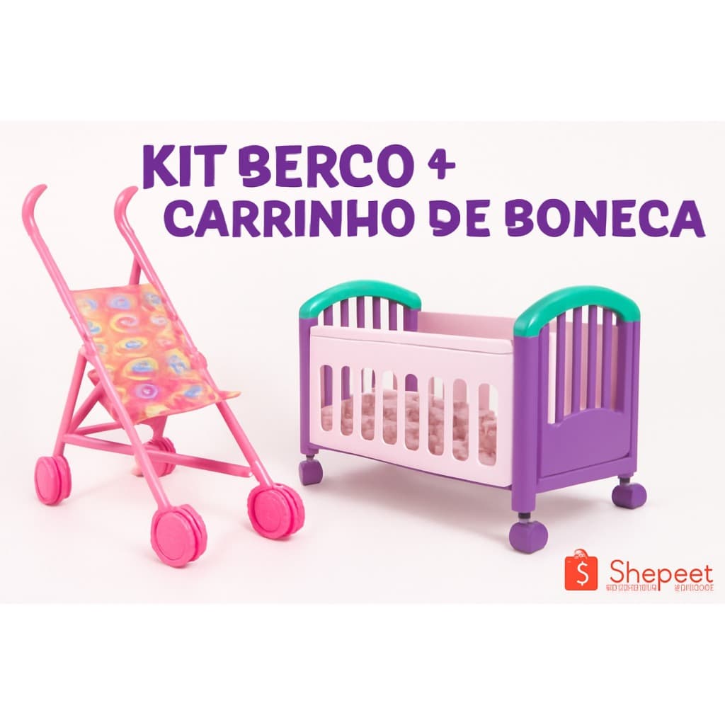 Kit Berço e Carrinho de Boneca Infantil - Brinquedo Educativo Licenciado, Colorido e Resistente