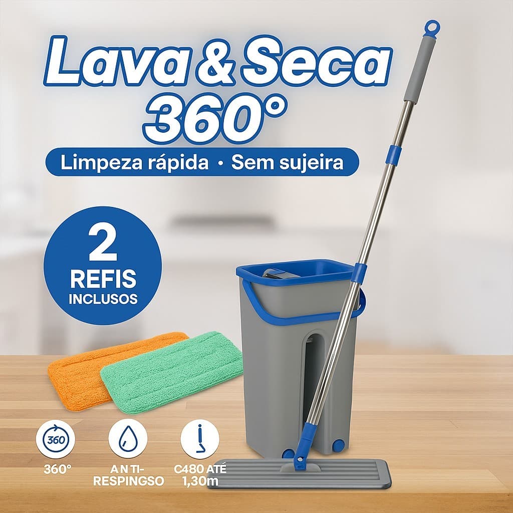 Rodo Mop 360° com Balde Lava Seca + 2 Refis Coloridos | Ideal para Limpeza Rápida e Sem Sujeira