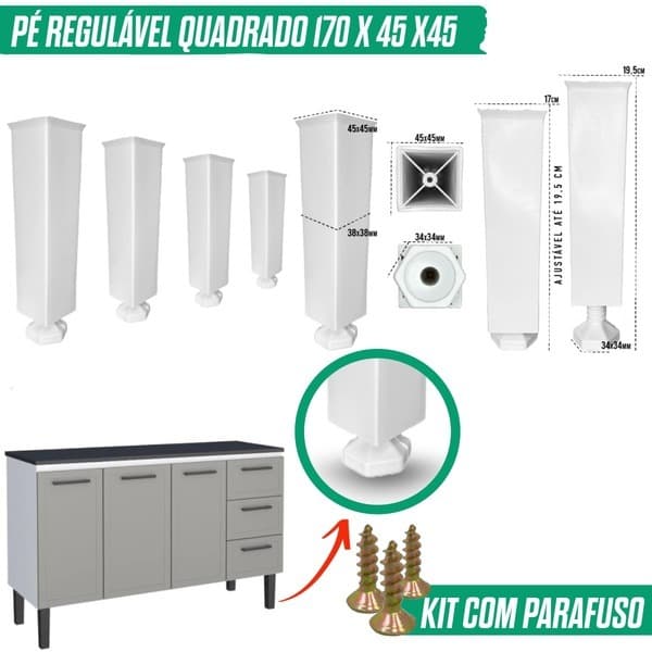 Pé de Cozinha Regulável Pés P/ Moveis Armário Itatiaia Pezinho Retangular Branco Kit 4/6/8/10/12/20