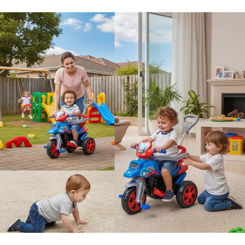 Triciclo Infantil Azul com Haste Guia Empurrador | Motoca Pedal Passeio 3 Rodas Bebê Criança Seguro