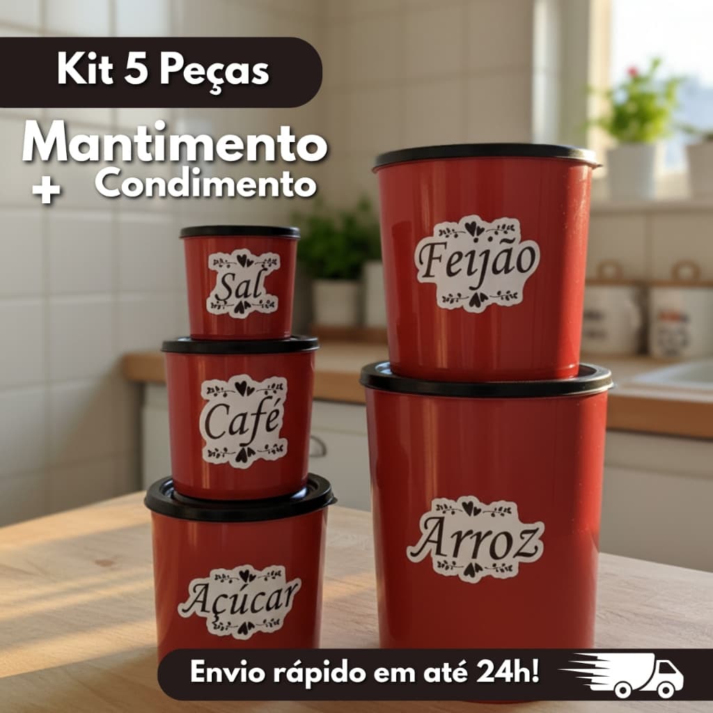 Jogo Porta Mantimento Conjunto Cozinha Kit 5 Peças Com Tampa Pote Redondo 650 ml - 7 Litros