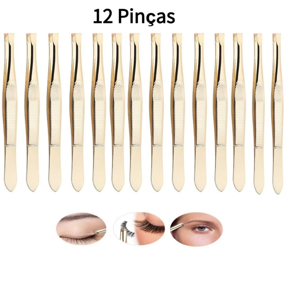 Kit de 12 Pinças Douradas de Aço Inoxidável – Ferramentas Profissionais para Extensão de Cílios e Design de Sobrancelhas