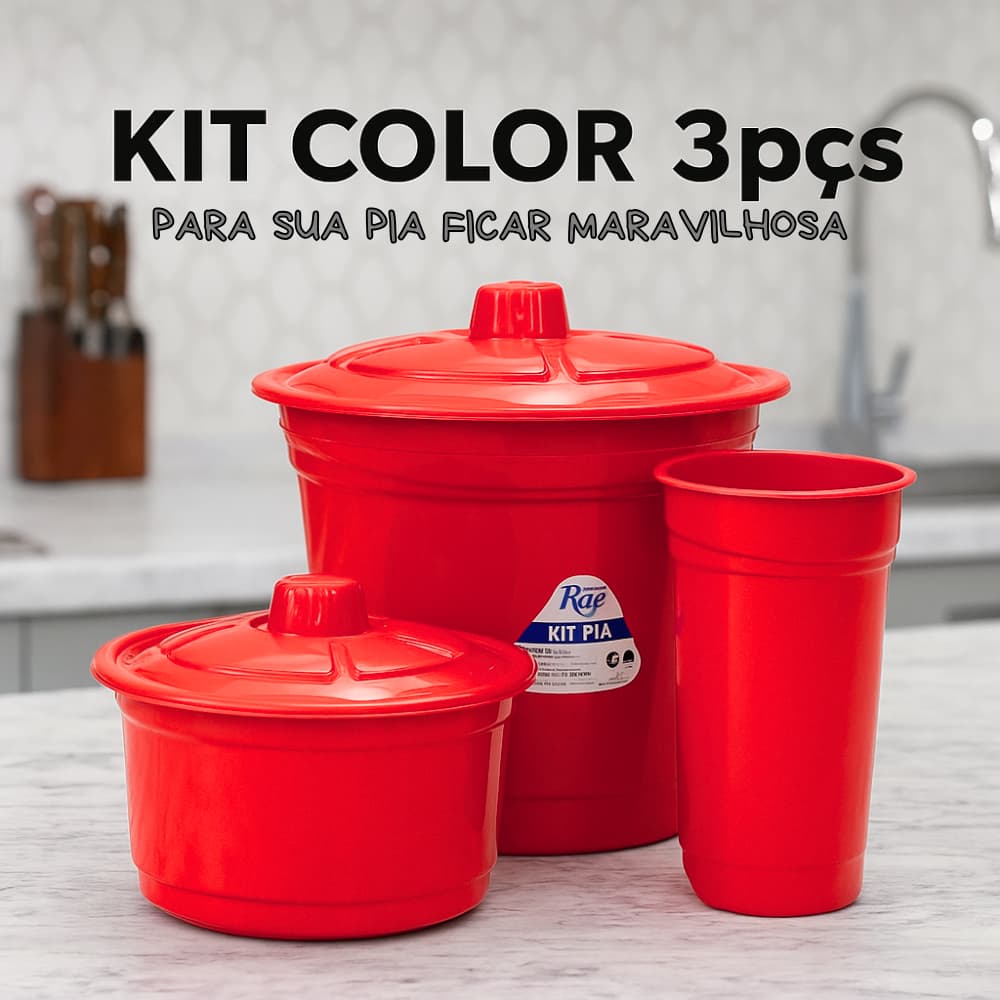 Kit Pia 3 Peças Lixeira Porta Detergente e Porta Esponja Organizador de Cozinha
