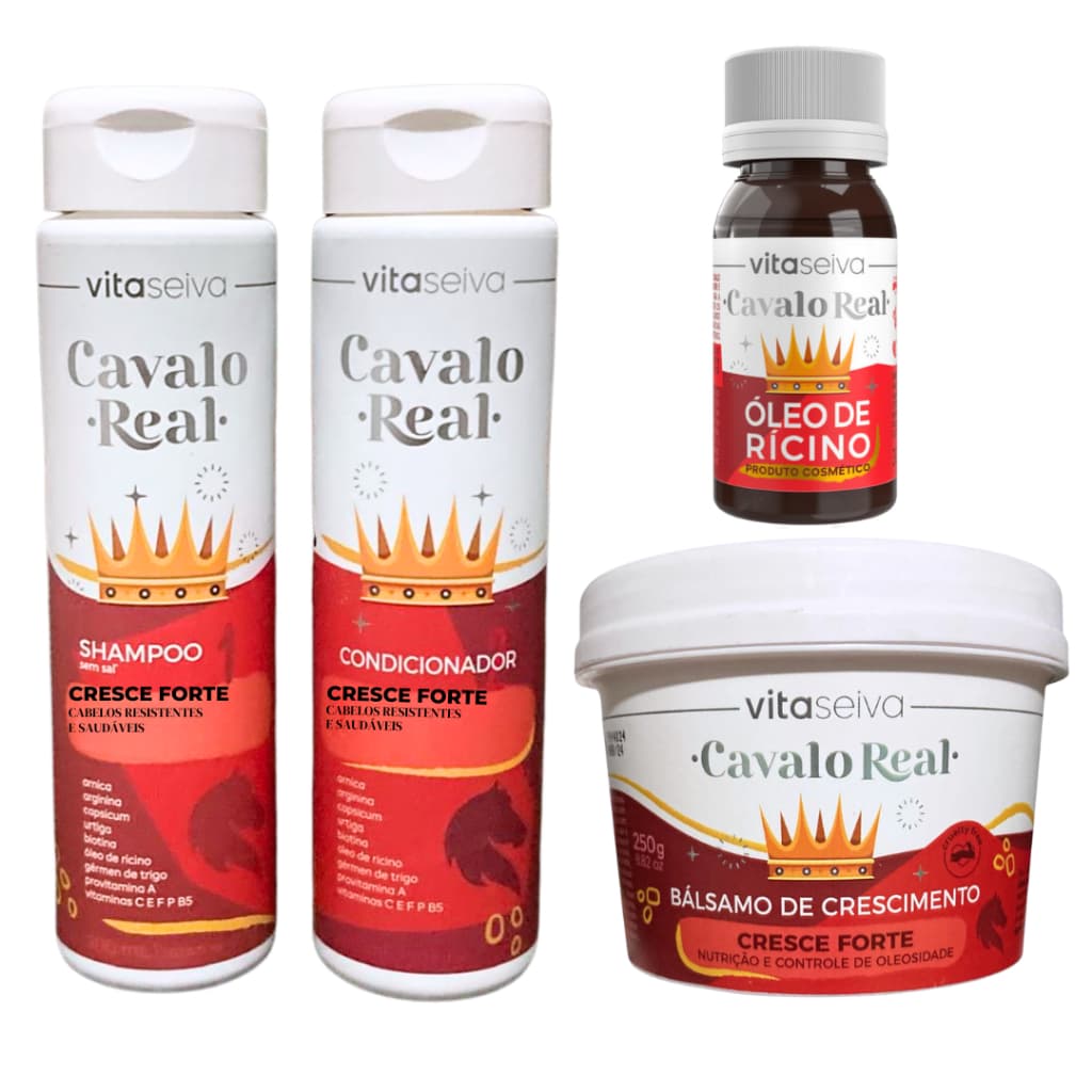 Kit SHAMPOO CONDICIONADOR, ÓLEO RÍCINO, BÁLSAMO KIT CAVALO REAL CRESCIMENTO FORTE VITA SEIVA