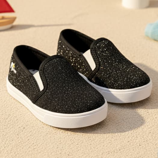 Tênis Brilhante Iate Style Brilho Glitter Calce Fácil Infantil Slip on Confortável Preto