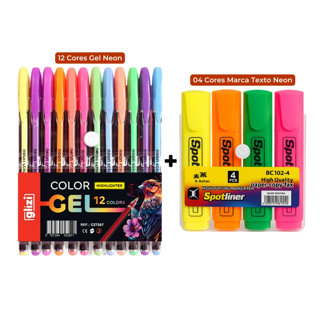 Kit Glizi Neon 12 Canetas Gel Neon + 4 Marca Texto Neon