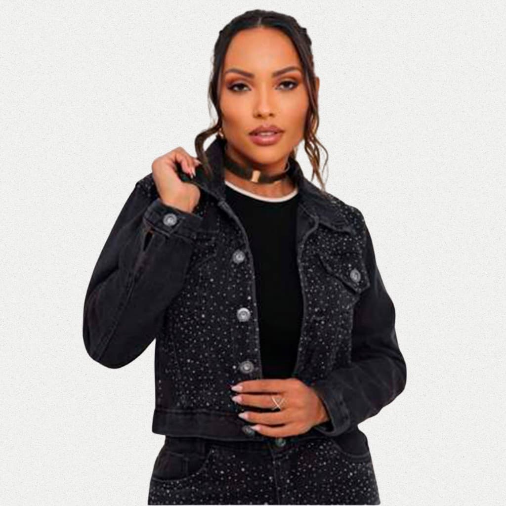 Jaqueta Jeans Black Acabamento Brilho Feminina Botão Ferro Casual Design Moderno Sofisticado