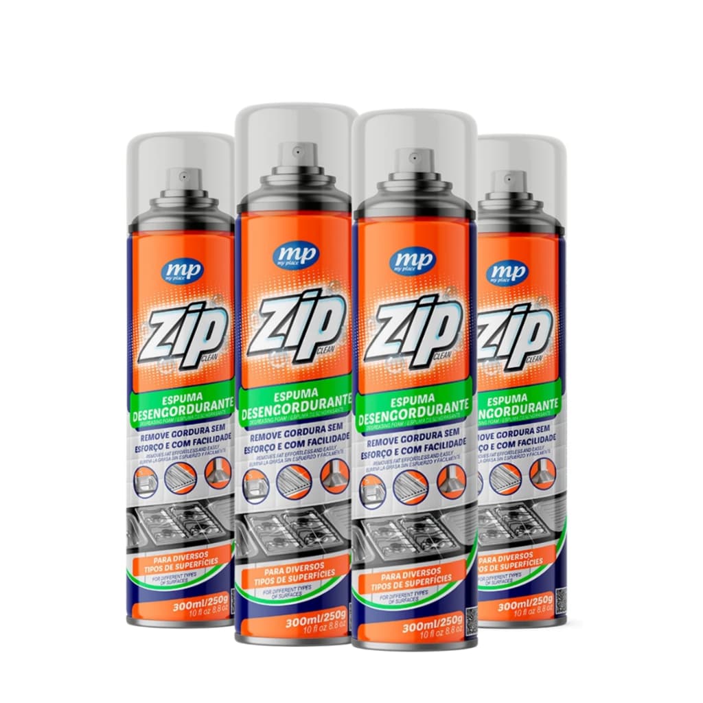 Kit 4 Zip Espuma de Limpeza Desengordurante – Remove Gordura Rápido, Ideal para Cozinha e Churrasqueira
