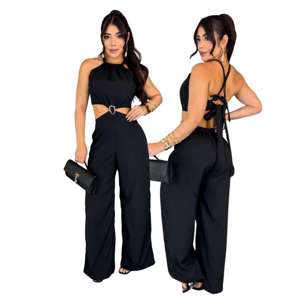 Macação Pantalona Longo Feminino Casual Argola Central Festa Preto Elegante Noite Amarrações Chique