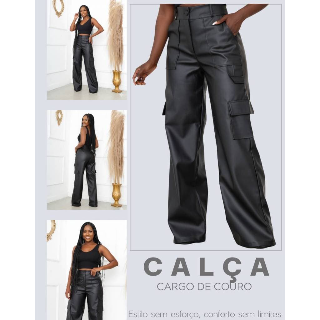 Calça Feminina Wide Leg Cargo Couro Elegante Cintura Alta Com Bolsos Reais Tendência Viralizada