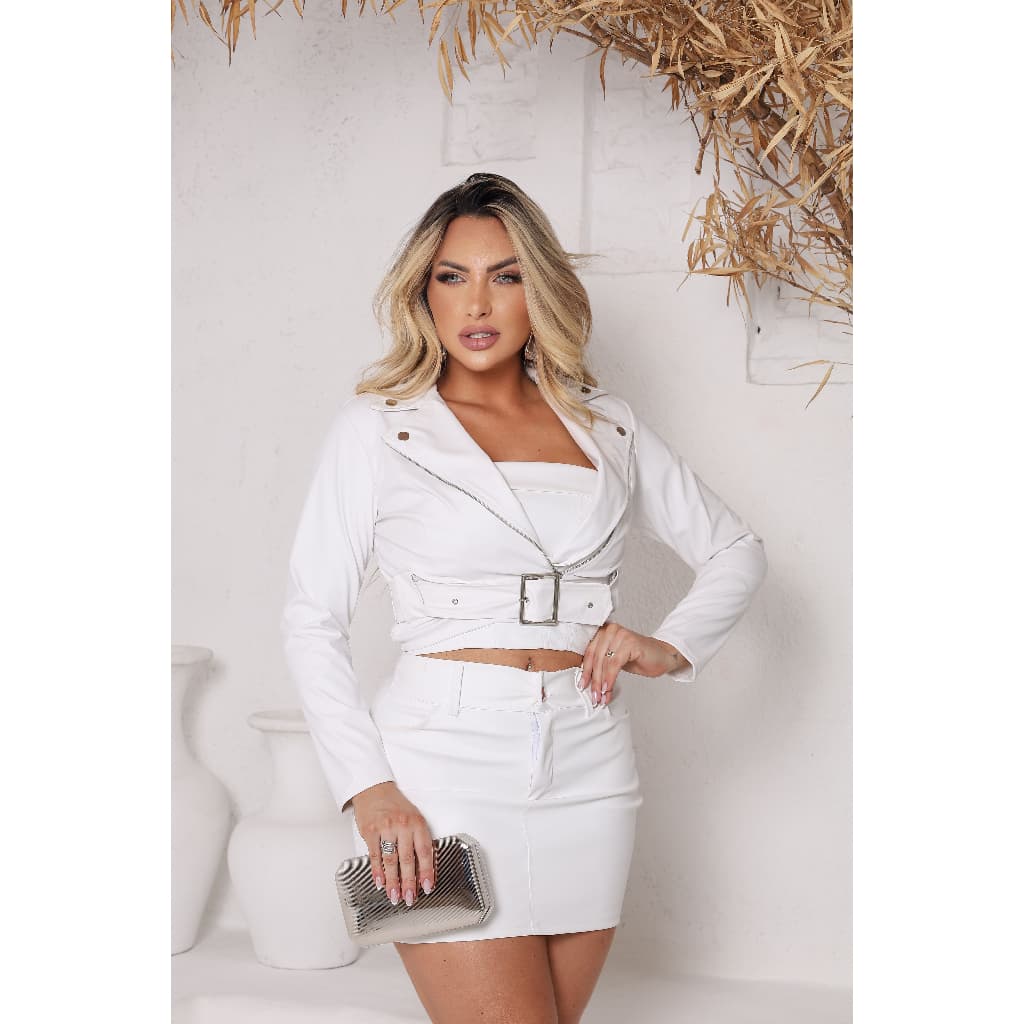 Conjunto Feminino 3 Peças Cropped, Jaqueta E Saia