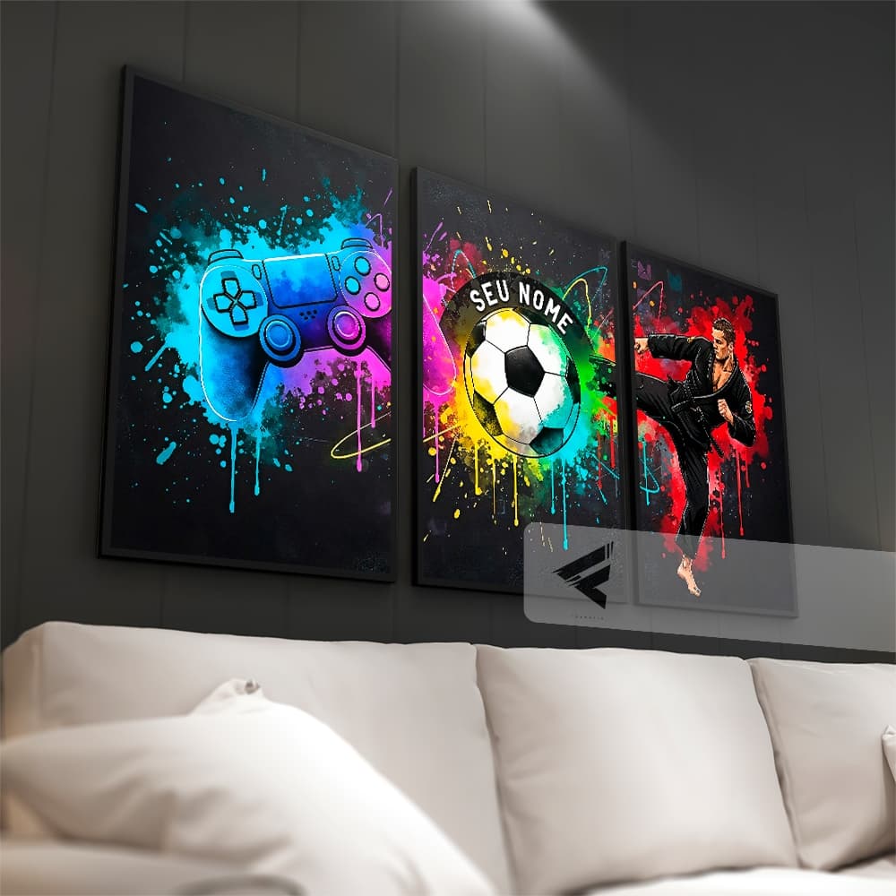Kit 03 Quadros Decorativos Pintura Futebol, Luta e Game *NOME PERSONALIZADO*  para quarto, sala all