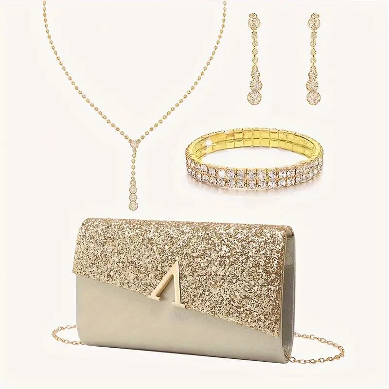Conjunto Bolsa de Festa DOURADA para Mulheres Elegantes,  com Colar, Brincos e Pulseira, com Pedras Brilhantes