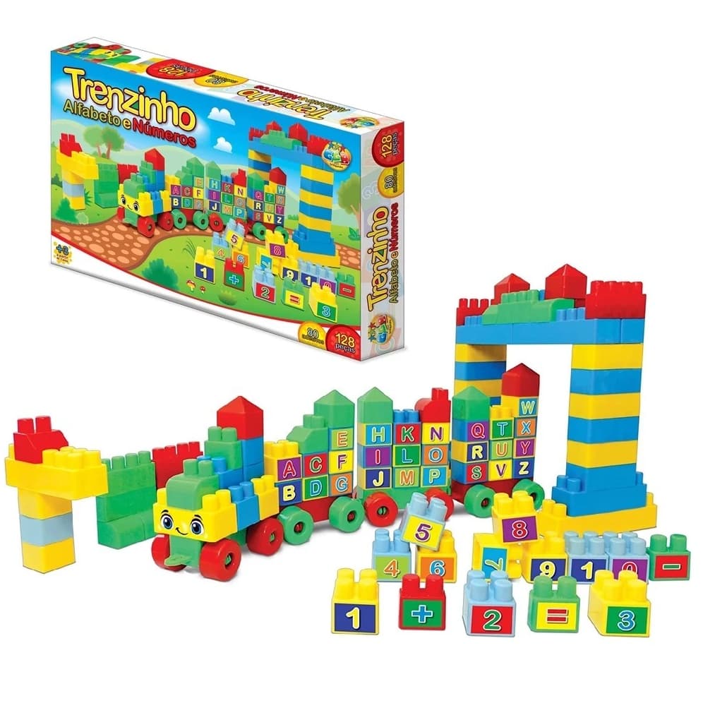 Brinquedo Educativo Trenzinho Blocos de Montar 128 Peças Alfabeto e Números Pedagógico Infantil