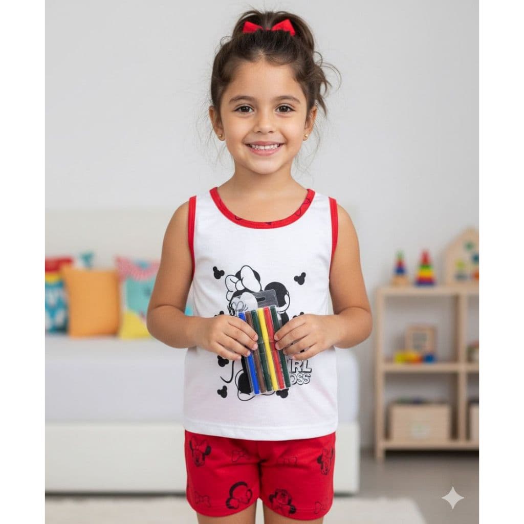 Short Doll Para Pintar Personagens + Kit Canetinhas Baby Doll Alça Larga Estampado Bebê Menina