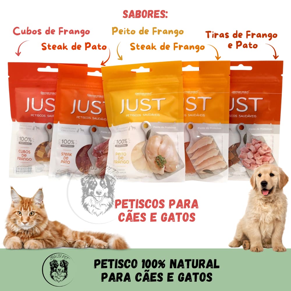 Petisco Natural Just para Cães e Gatos Steak Frango Pato Cubos Tiras 55g e 75g  - Germanhart