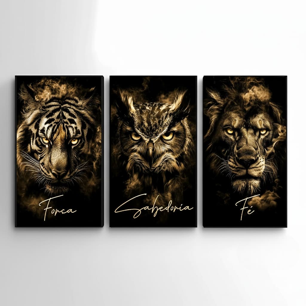 Quadros decorativos Animais Dourados Leão, Tigre e Coruja com Frases Motivacionais (3 peças)