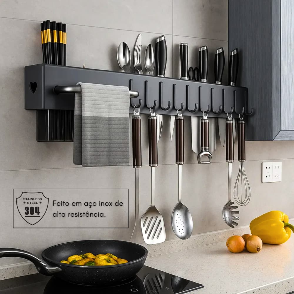 Suporte Organizador Aço Inox Utensílios Cozinha 6 Ganchos – Alta Qualidade, Instalação Fácil