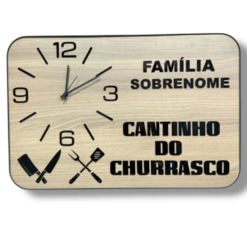 QUADRO + RELÓGIO PERSONALIZADO CANTINHO DO CHURRASCO, FUNDO FREIJÓ, LETREIROS PRETOS, 2 TAMANHOS, 2 CORES COURO.