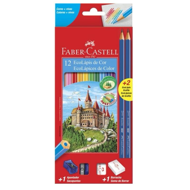 Lápis de Cor 12 Cores Faber Castell com Kit Escolar