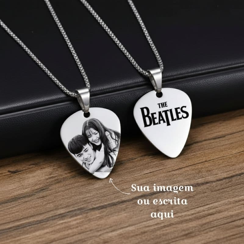 Colar Corrente Veneziana e Pingente Palheta Personalizado Imagem Foto Nome Masculino Feminino