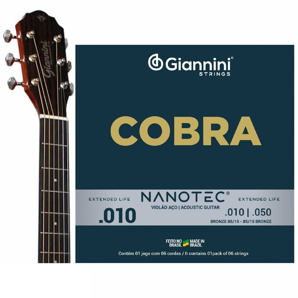 Cordas Violao de Aço 010 050 Giannini Cobra Nanotec Bronze 85/15 – Jogo 6 Cordas Original