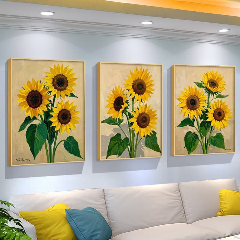 Quadros Decorativos kit 3 girassol pintura decorativa simples e fresca para sala de estar e quarto
