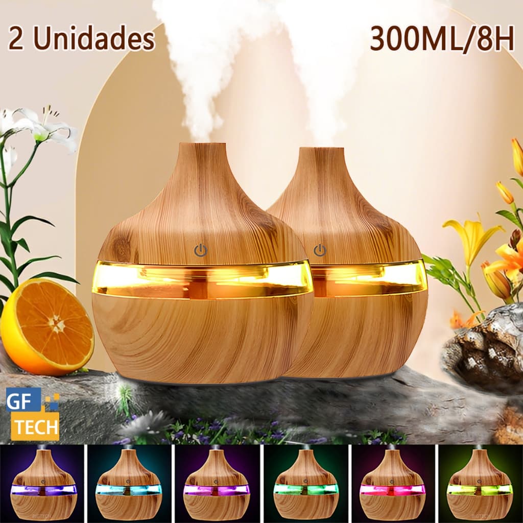 2 Unidades Umidificador De Ar E Difusor Aromatizador De Ambiente 300ml Com Led Colorido Purificador