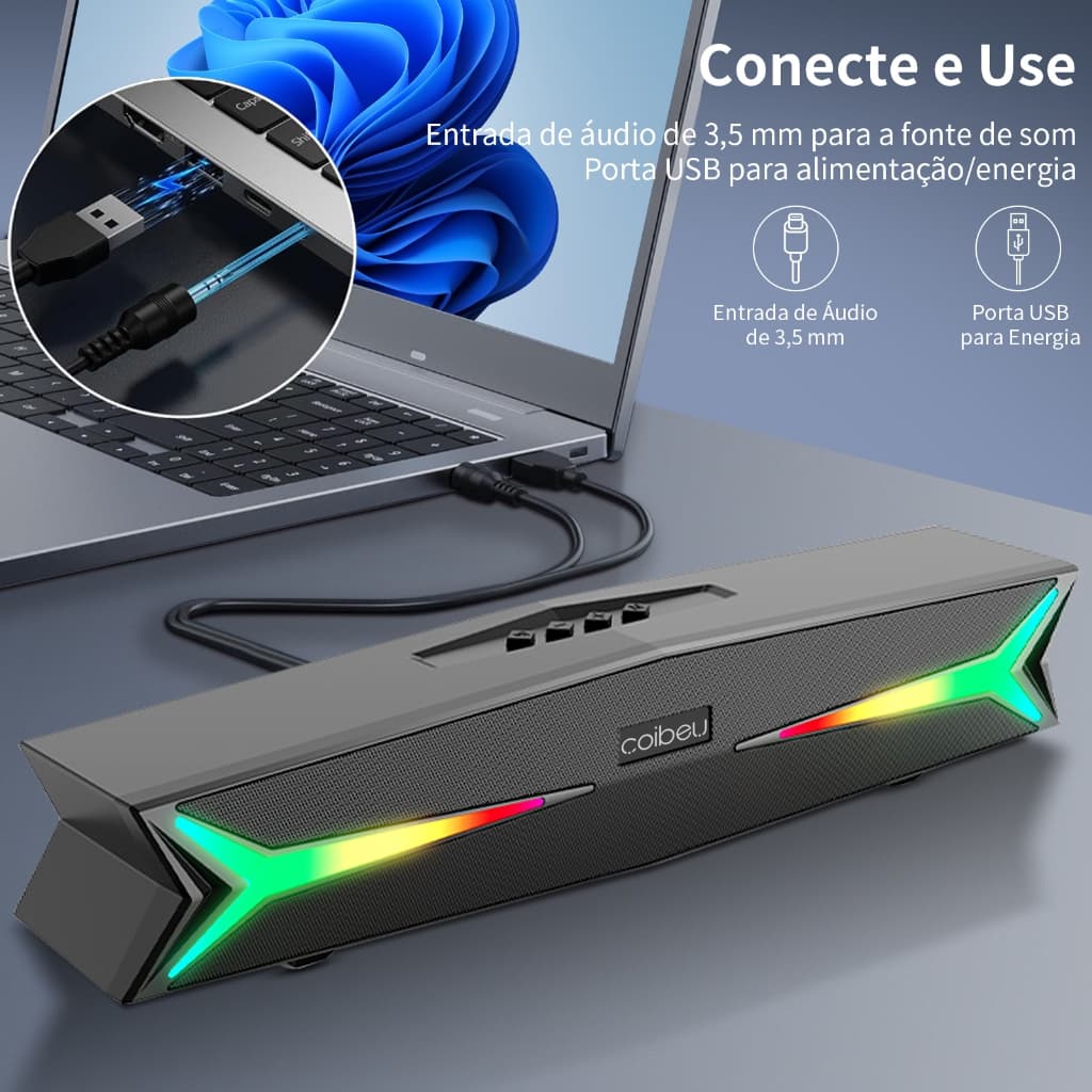 Caixa De Som Gamer 10W RMS Dual Speaker Soundbar RGB PC TV Bluetooth Som Estéreo Potente Subwoofer Computador Mini Q8