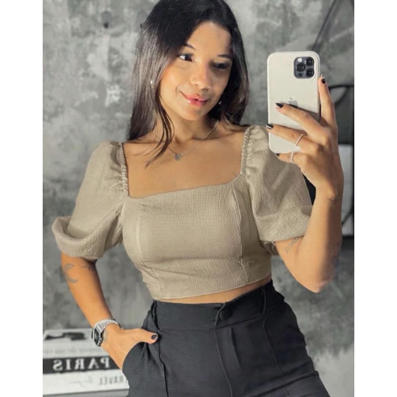 Blusa Cropped Manga Bufante Lastex