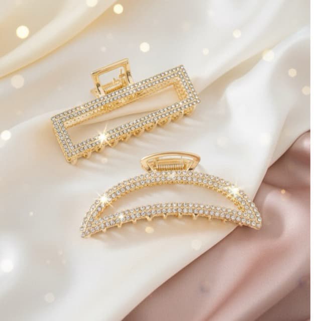 Conjunto 2 prendedores luxo dourados com strass brilhantes presilhas garras clipes cabelo penteados presos coque