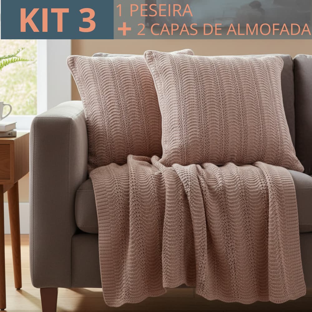 Kit Peseira Tricot Sofá Manta + 2 Capas de Almofadas Tricot Luxo 100% Algodão Cama Casal