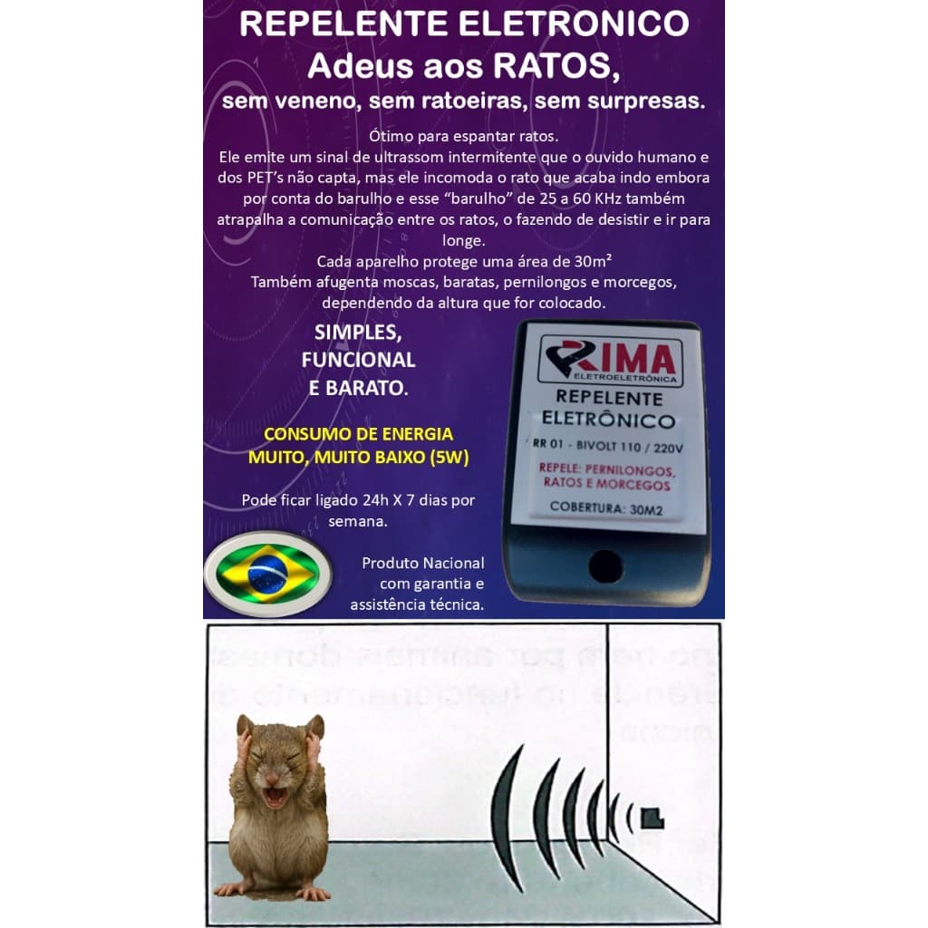 REPELENTE ELETRÔNICO - Aparelho de ultrassom que afugenta ratos, mosquitos e morcegos.
