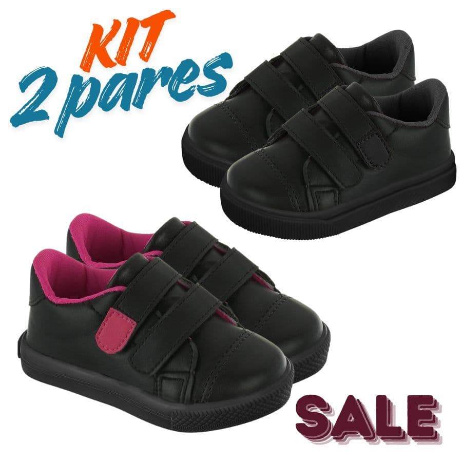 Kit 2 Tênis Infantil Menina Volta as Aulas Colegial Velcro Super Macio e Antiderrapante Confortável