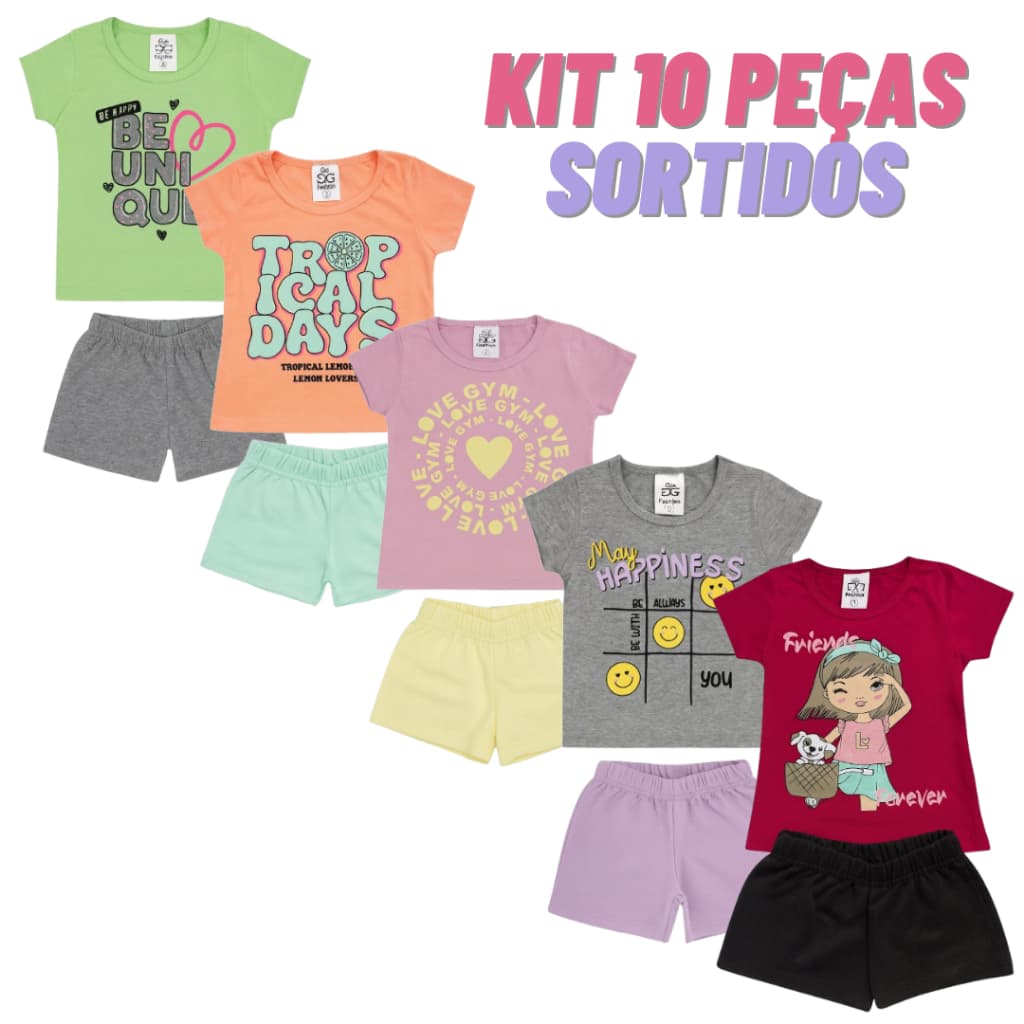 Kit 10 Peças Sortido Conjunto Infantil Verão Menina camiseta e bermuda roupa infantil