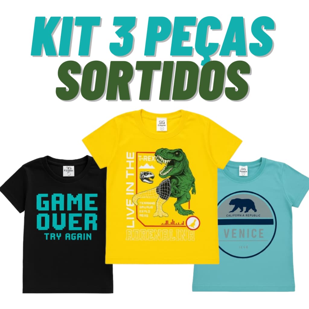 Kit 3 camisetas Camiseta Infantil Menino, Roupa de Menino, Roupa de Verão