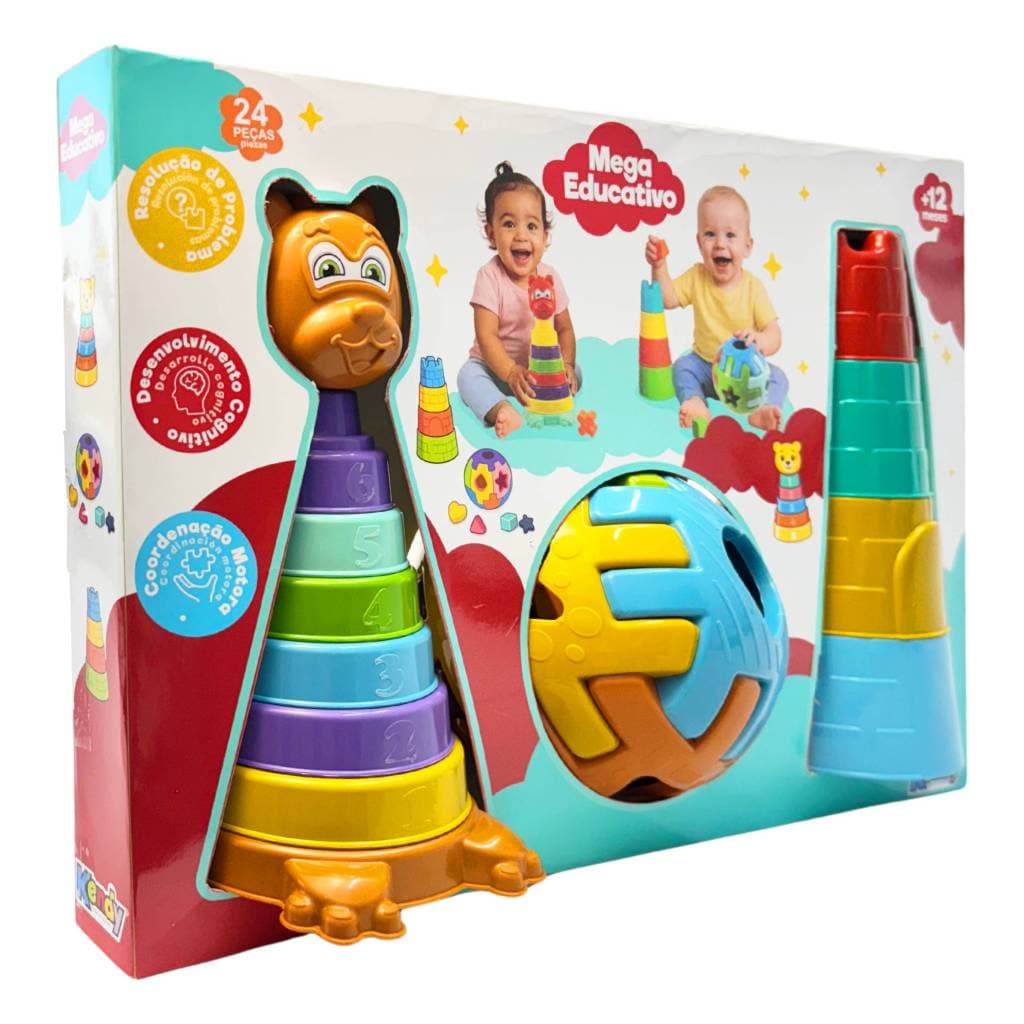 Kit Mega Educativo Pedagógico - Torre De Empilhar, Bola Geométrica e Urso Encaixável 24 Peças