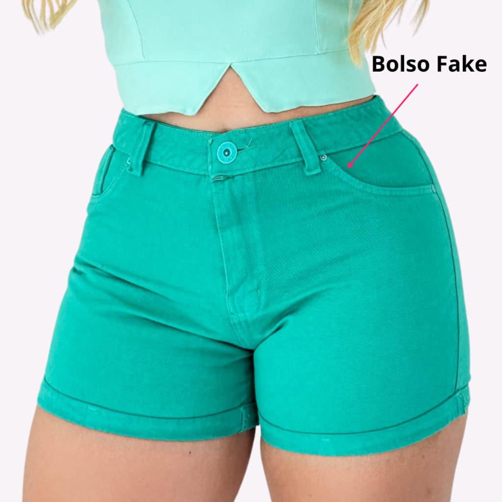 Short Feminino Cintura Alta Barra Dobrada Cores Vibrantes Modela o Corpo