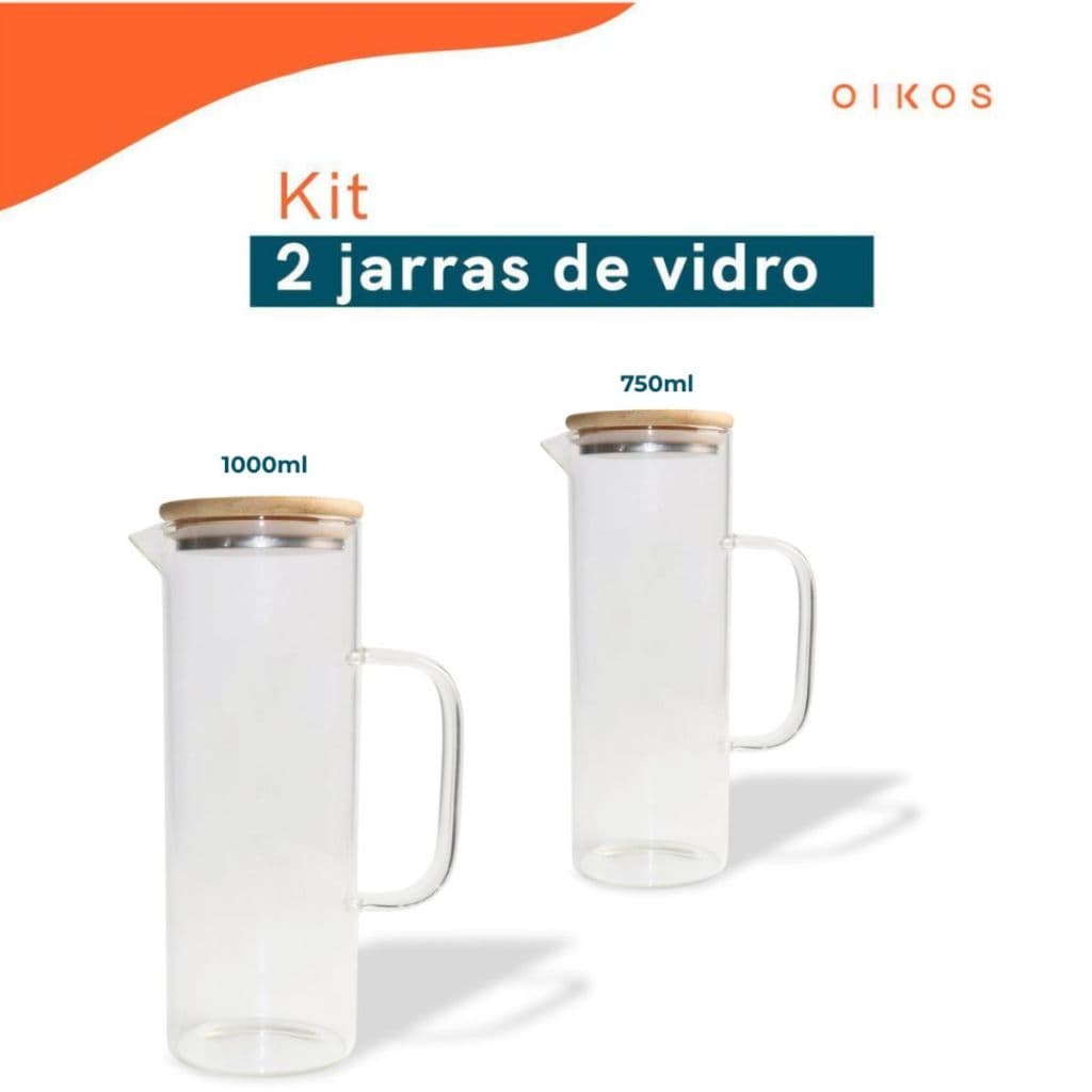 Kit 2 Jarros 1000 e 750mL com Escova de Limpeza Vidro Bambu Antibactericida Suco