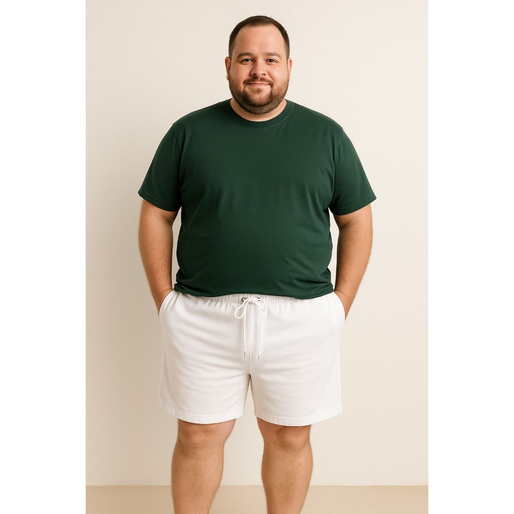 Short Masculino Plus Size Branco de Linho Casual Cintura Elástica com Bolsos Confortável Praia