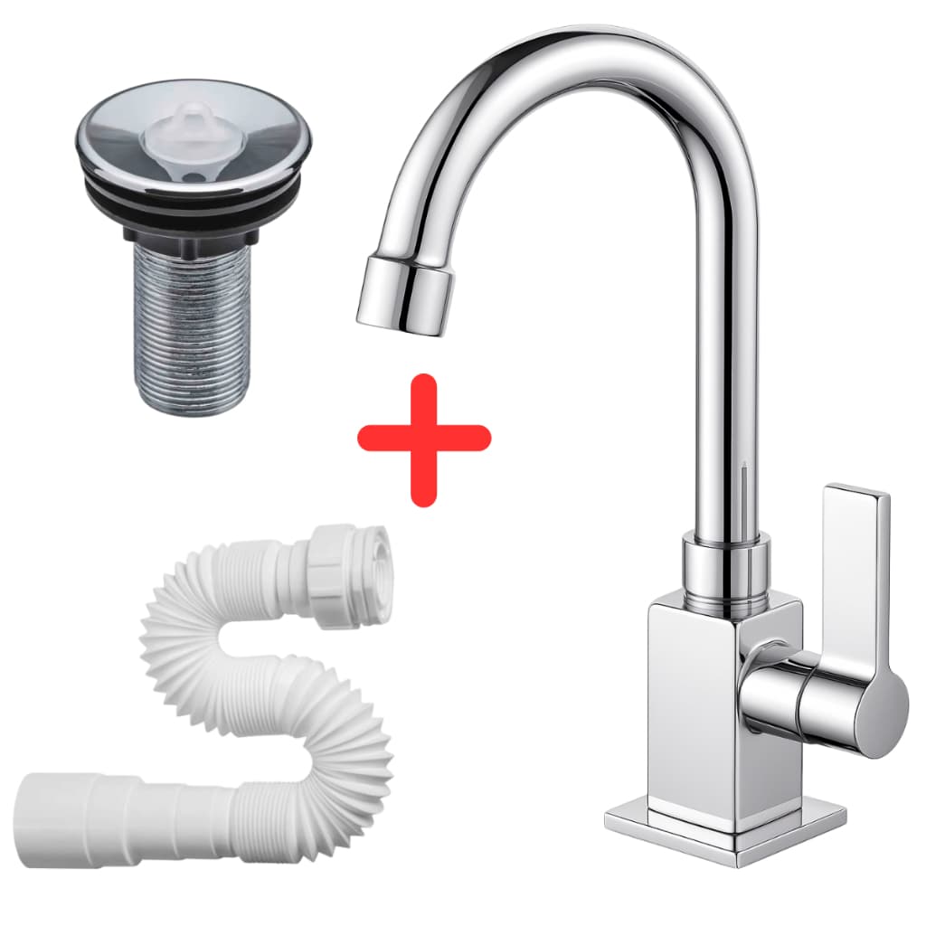 Kit Torneira Cromada de Pia Banheiro + Válvula Lavatório + Sifão Flexível Universal Luxo Alta Qualidade