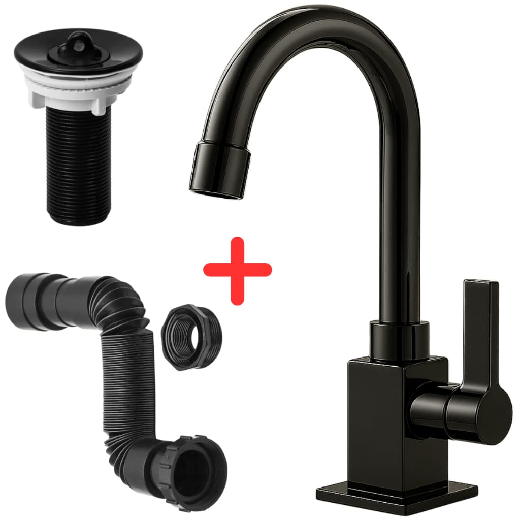Kit Torneira Preta de Pia Banheiro + Válvula Lavatório + Sifão Flexível Universal Luxo Alta Qualidade