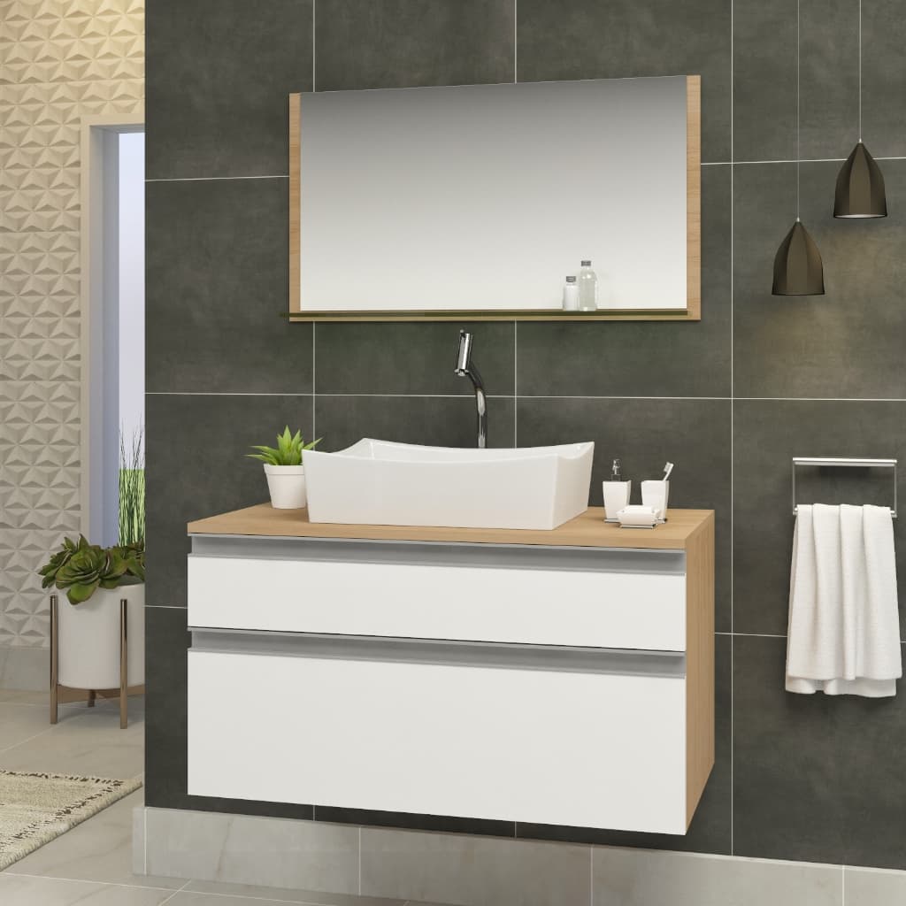 Conjunto Egito MDF gabinete para banheiro 80cm com cuba e espelheira