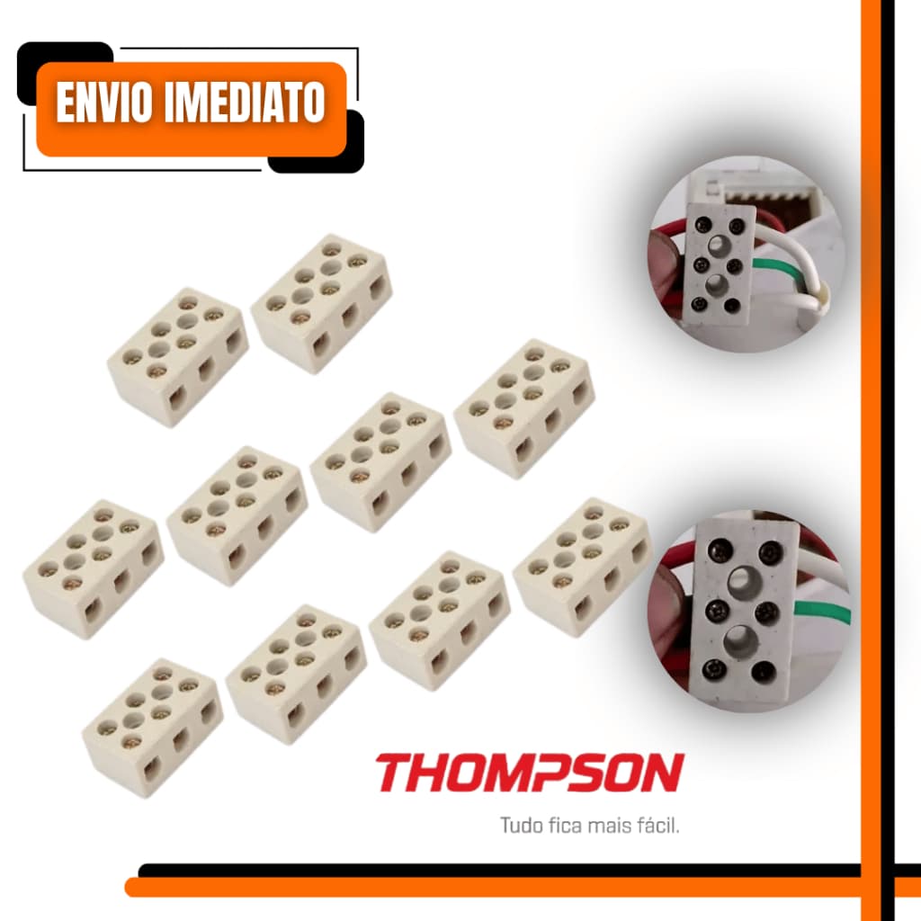 Kit 10 Conectores Cerâmicos 3 Polos 10mm para Chuveiro e Ducha Elétrica