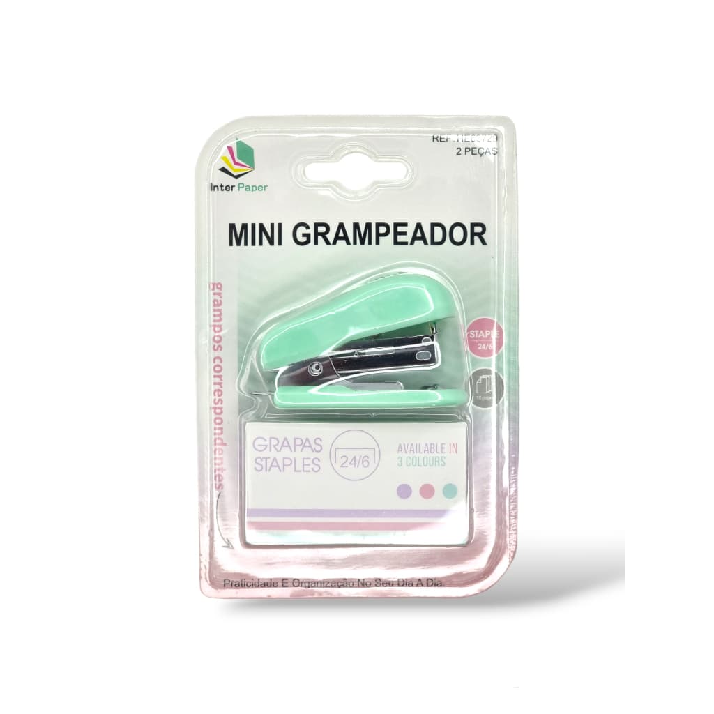Mini Grampeador Colors com Grampos Coloridos 24/6 ate 10 Folhas