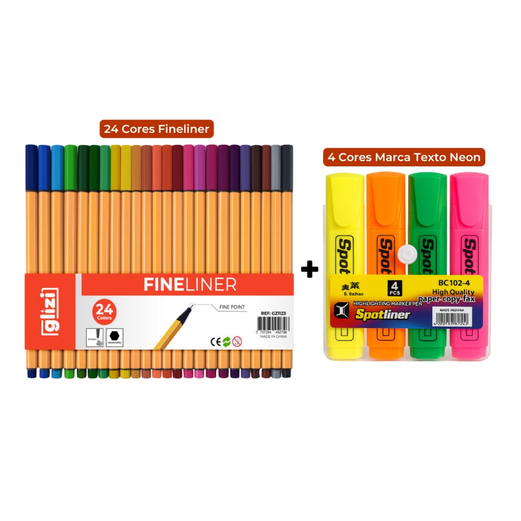 Kit Canetas Coloridas Ponta Fina 24 Cores + Marca Texto Neon 4 Corers