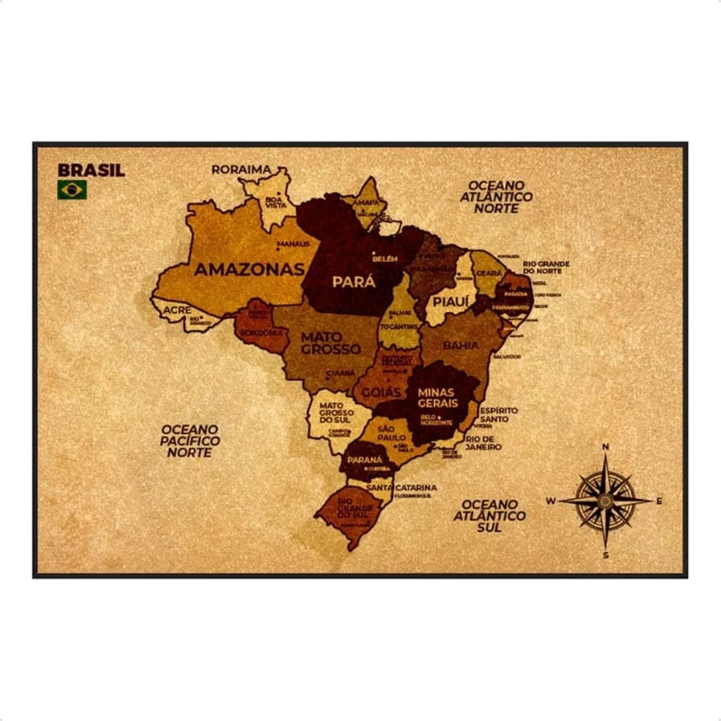 Quadro De Cortiça Painel Decorativo 90x60 Mapa Do Brasil Para Pinar Marcar Viagens Com Alfinetes